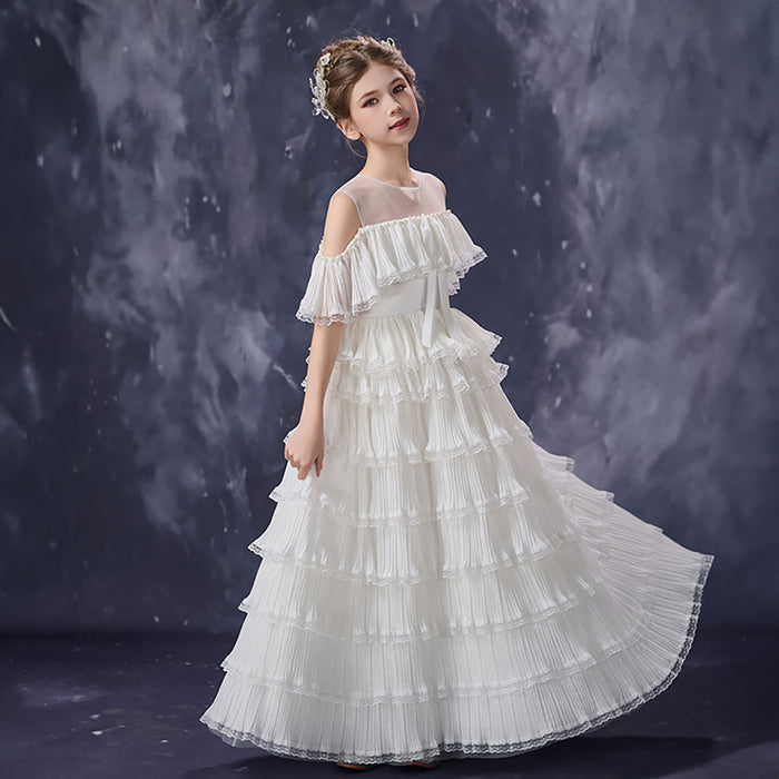 Elegant White Flower Girl Dress Pleated Ruffle Tulle Ball Gown for Birthdays First Communion D352