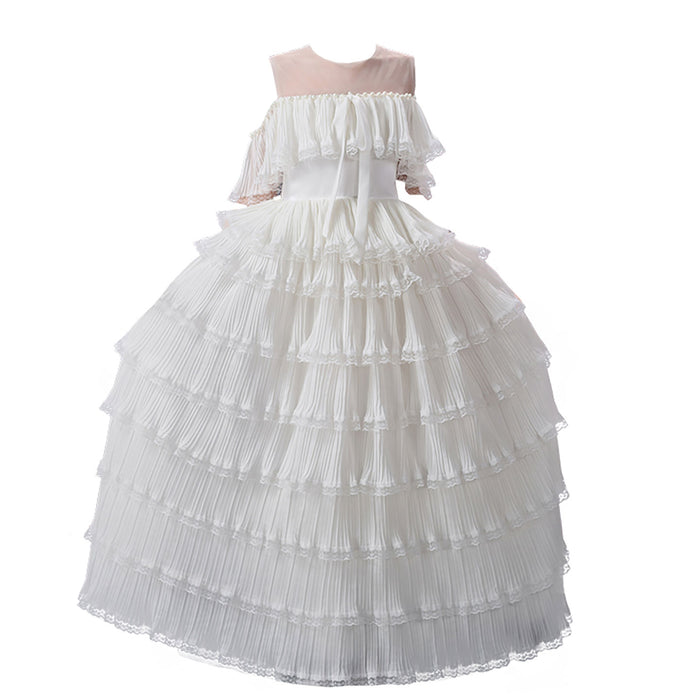 Elegant White Flower Girl Dress Pleated Ruffle Tulle Ball Gown for Birthdays First Communion D352