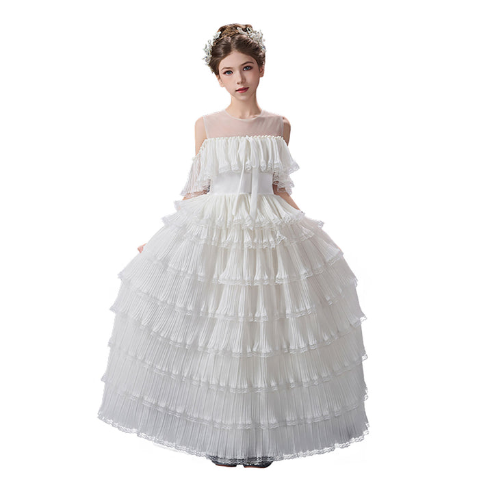 Elegant White Flower Girl Dress Pleated Ruffle Tulle Ball Gown for Birthdays First Communion D352