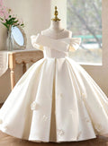 Elegant White Flower Girl Dress with Off-Shoulder 3D Floral Satin D336