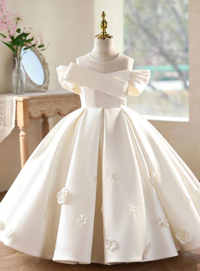 Elegant White Flower Girl Dress with Off-Shoulder 3D Floral Satin D336