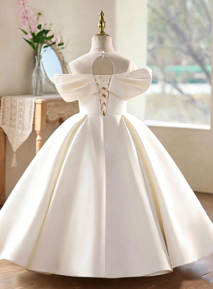 Elegant White Flower Girl Dress with Off-Shoulder 3D Floral Satin D336