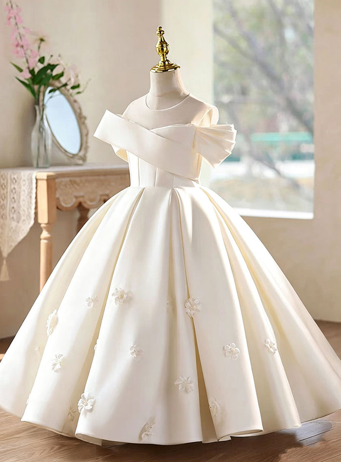 Elegant White Flower Girl Dress with Off-Shoulder 3D Floral Satin D336