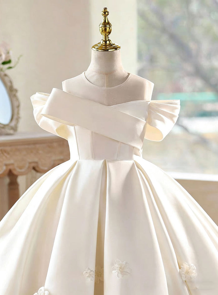 Elegant White Flower Girl Dress with Off-Shoulder 3D Floral Satin D336