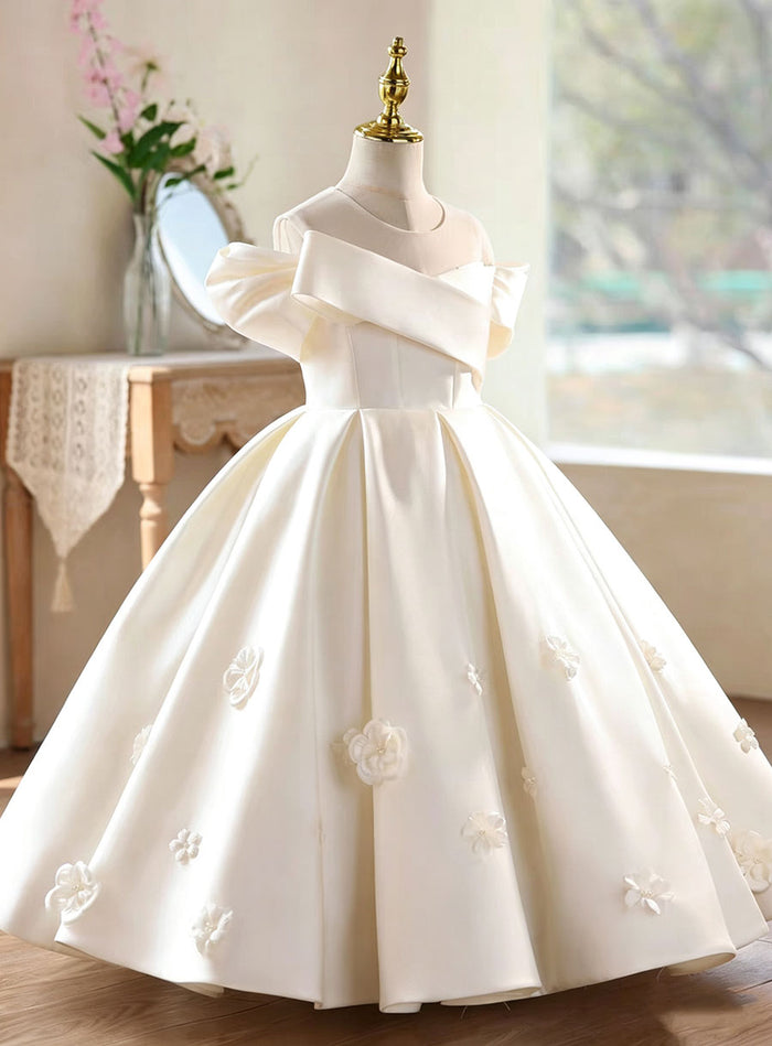 Elegant White Flower Girl Dress with Off-Shoulder 3D Floral Satin D336