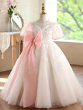 Elegant White Flower Girl Dress with Pink Giant Bow Lace Embroidery Tulle Holy Communion Wedding Dress D359