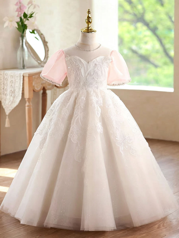 Elegant White Flower Girl Dress with Pink Giant Bow Lace Embroidery Tulle Holy Communion Wedding Dress D359