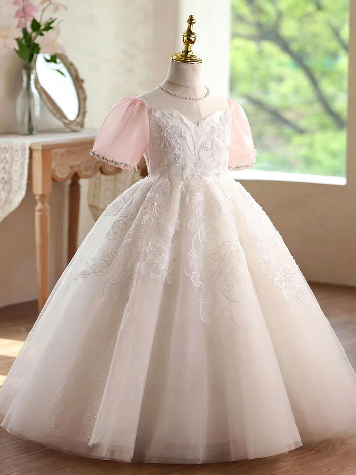 Elegant White Flower Girl Dress with Pink Giant Bow Lace Embroidery Tulle Holy Communion Wedding Dress D359