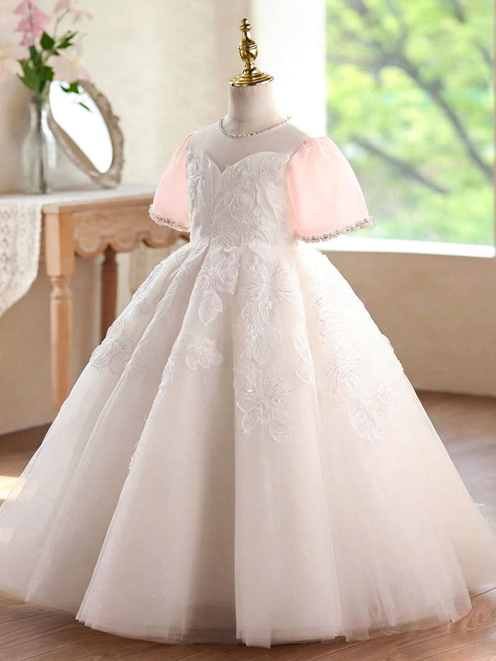 Elegant White Flower Girl Dress with Pink Giant Bow Lace Embroidery Tulle Holy Communion Wedding Dress D359