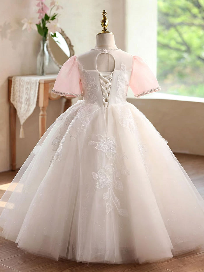 Elegant White Flower Girl Dress with Pink Giant Bow Lace Embroidery Tulle Holy Communion Wedding Dress D359