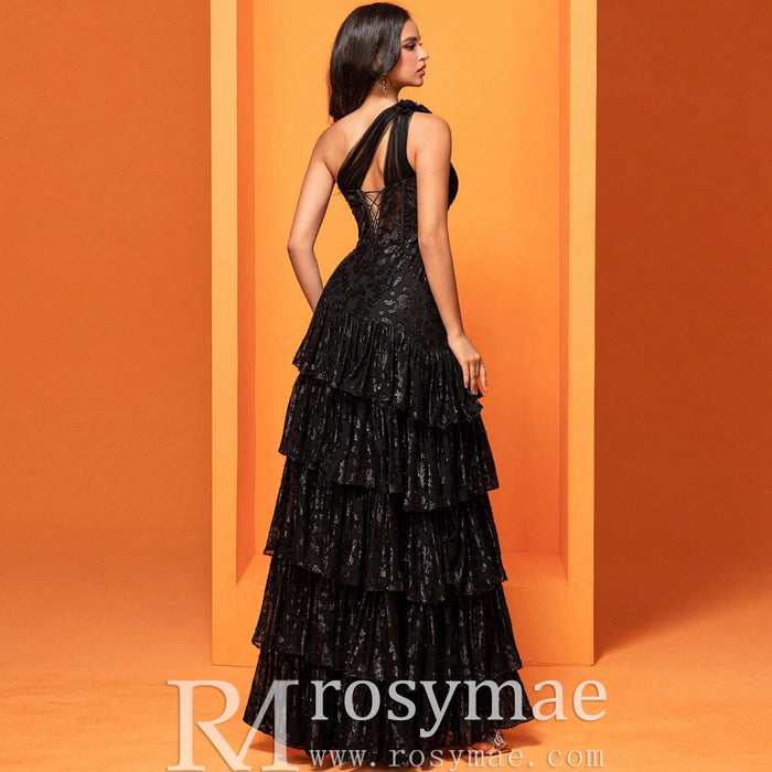 Elegant Women One Shoulder Black Column Prom Dress with Leg Slit - Rosymae