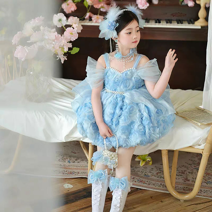 Elegent 3D Rose Flower Princess Dress for Girls with Tulle Skirt Pearl Details J917