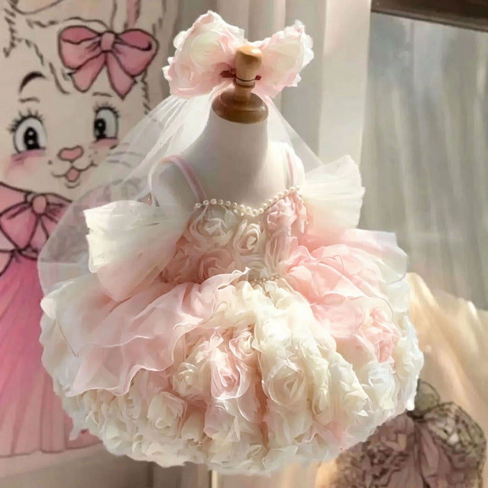 Elegent 3D Rose Flower Princess Dress for Girls with Tulle Skirt Pearl Details J917