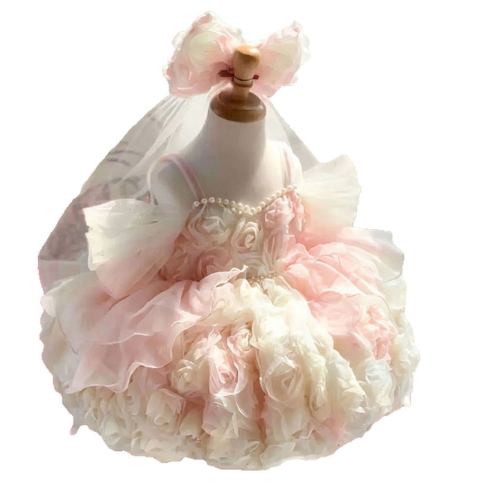 Elegent 3D Rose Flower Princess Dress for Girls with Tulle Skirt Pearl Details J917