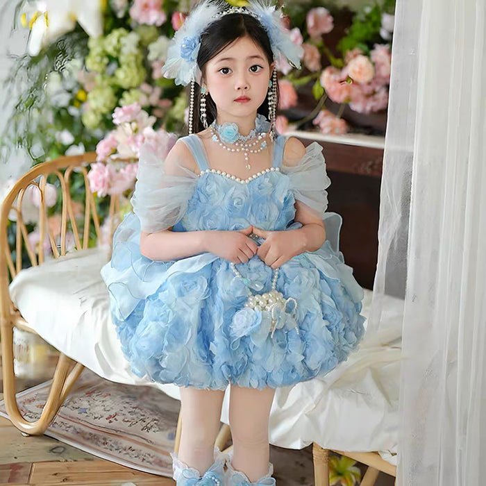 Elegent 3D Rose Flower Princess Dress for Girls with Tulle Skirt Pearl Details J917