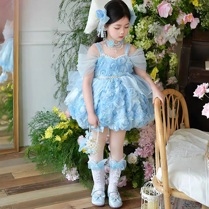 Elegent 3D Rose Flower Princess Dress for Girls with Tulle Skirt Pearl Details J917
