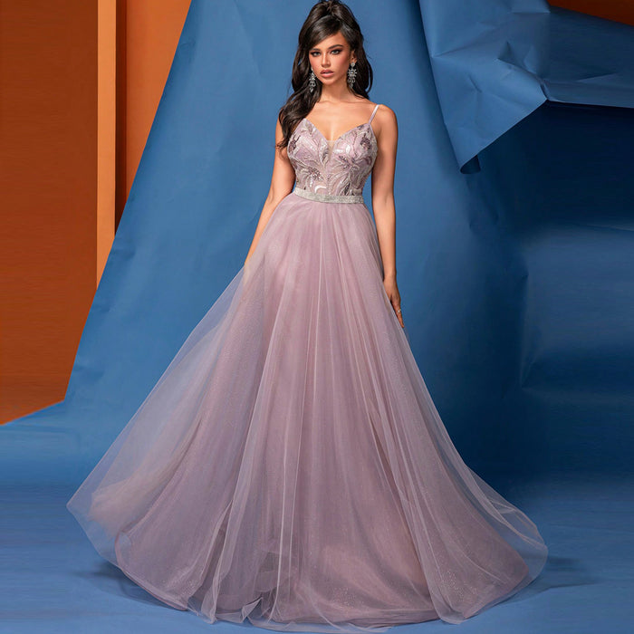 Elgant Long A-line V Neck Glitter Prom Dress with Spaghetti Straps - Rosymae