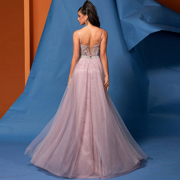Elgant Long A-line V Neck Glitter Prom Dress with Spaghetti Straps - Rosymae