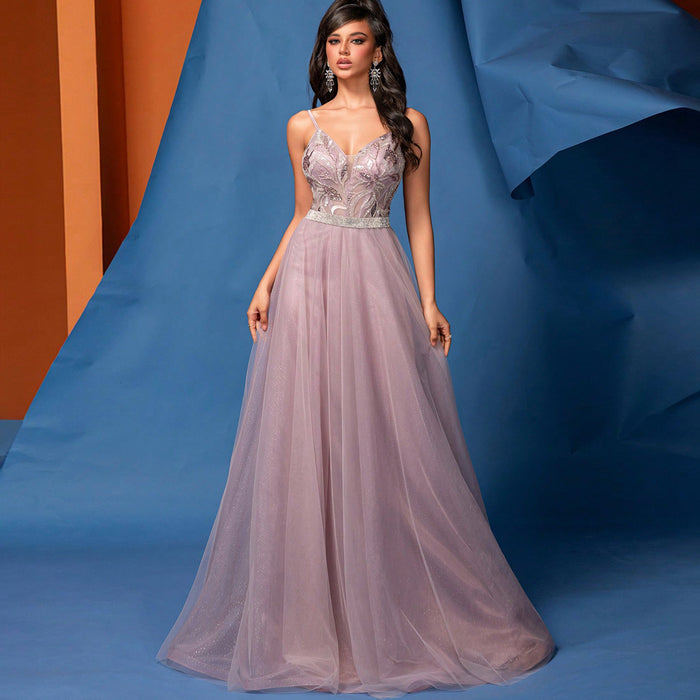 Elgant Long A-line V Neck Glitter Prom Dress with Spaghetti Straps - Rosymae