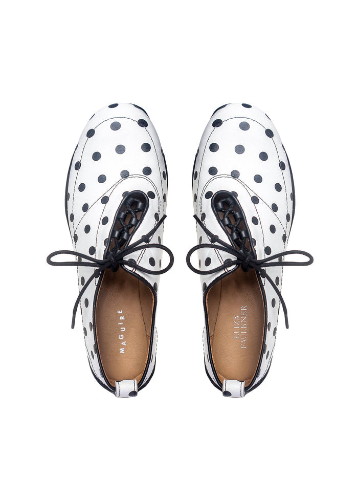 EF x Maguire Shoes COMING SOON - Eliza 24/7 Trainer in White Polka Dots