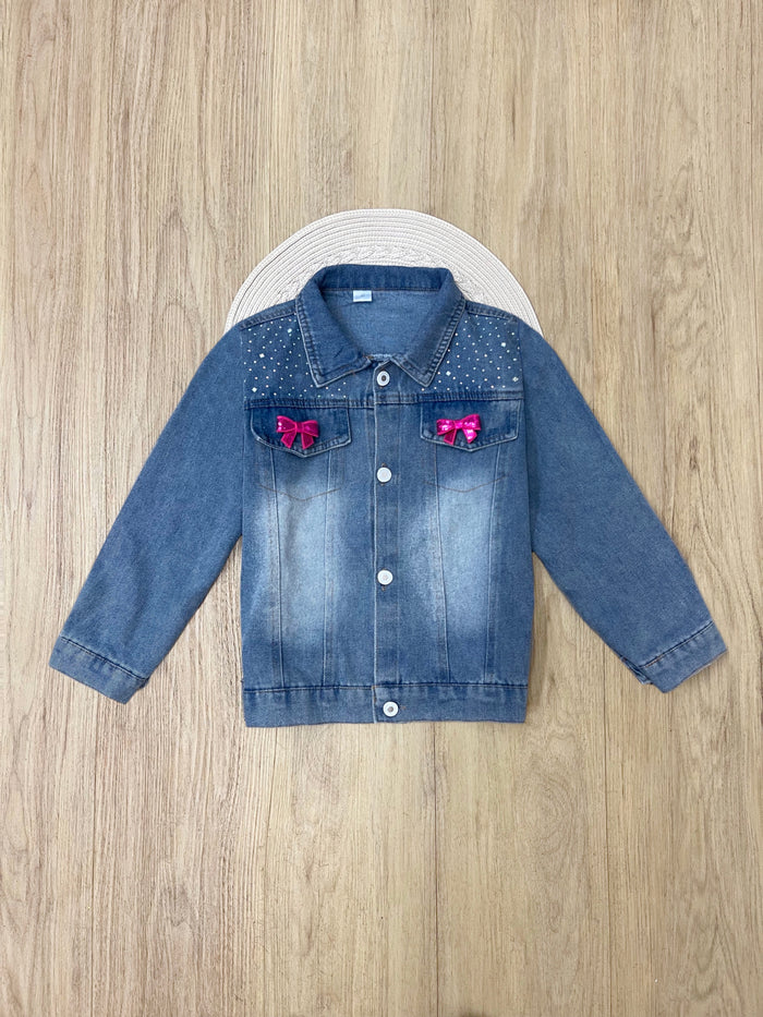 Cute girls bow denim jacket outfit for birthday party