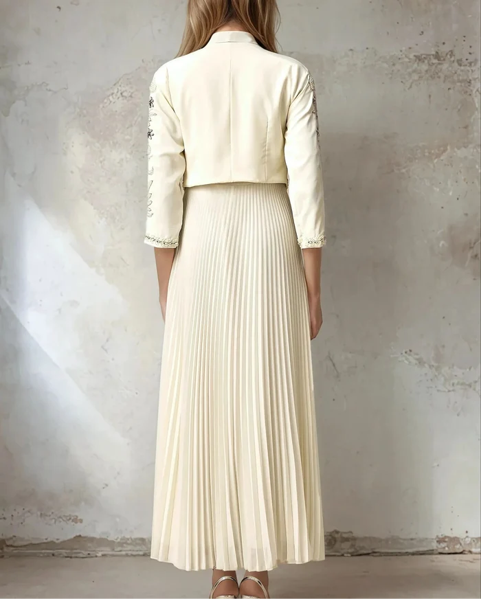 embellished cropped jacket with pleated maxi dress – CELESTE