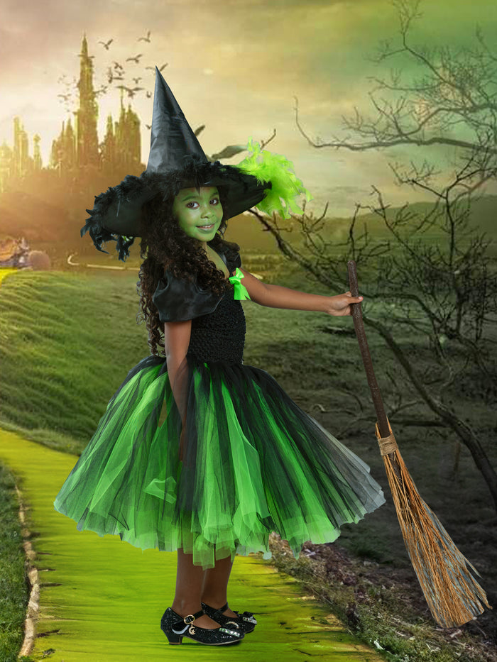 Girls Wicked Green Witch Costume Dress with Hat Mia Belle Girls