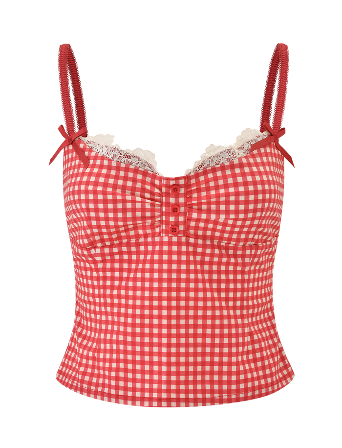 The EMMALINE BUSTIER by TIGERMIST features red gingham fabric, a sweetheart neckline with lace trim, adjustable straps with small bows, and front buttons.