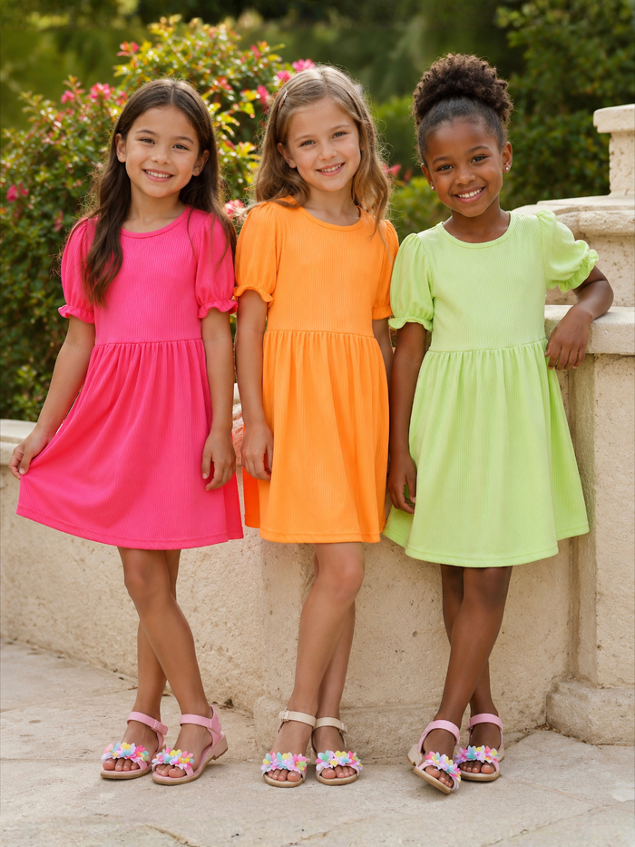 Everyday Ribbed Puff Sleeve  Dress Mia Belle Girls