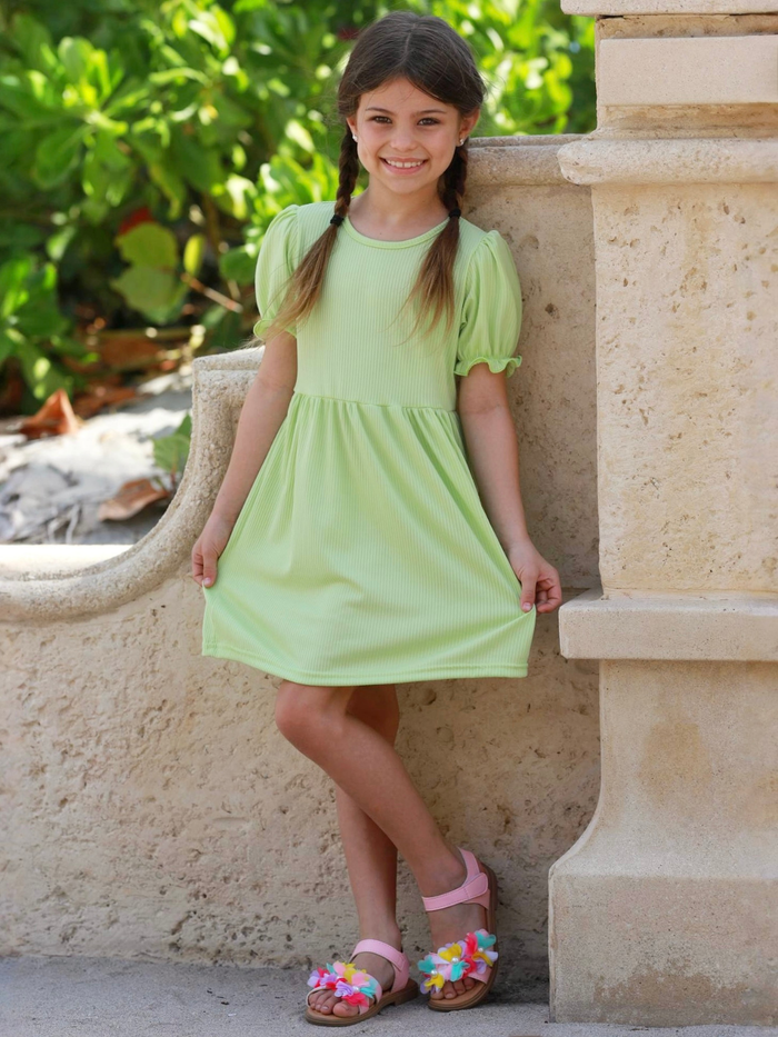 Everyday Ribbed Puff Sleeve  Dress Mia Belle Girls