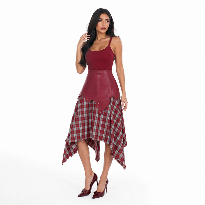 Faux Leather Plaid Handkerchief Midi Skirt - Rouge