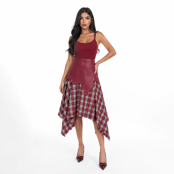 Faux Leather Plaid Handkerchief Midi Skirt - Rouge