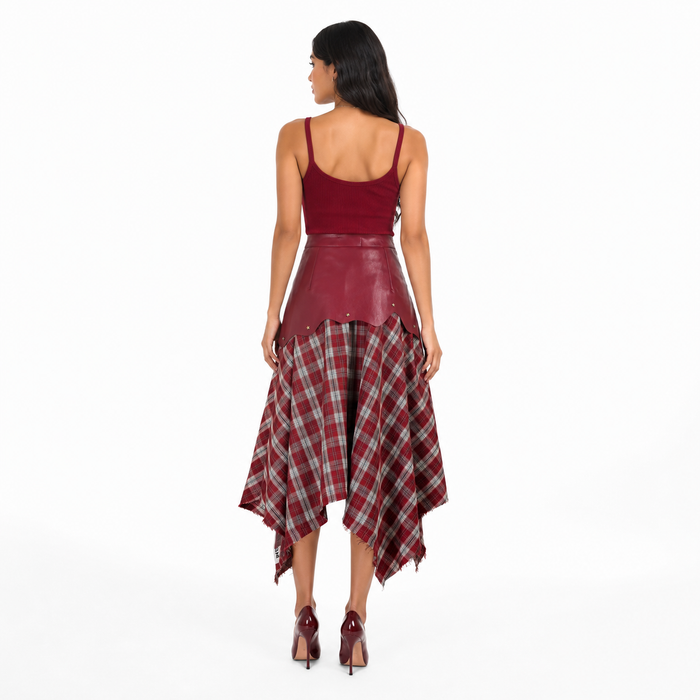 Faux Leather Plaid Handkerchief Midi Skirt - Rouge
