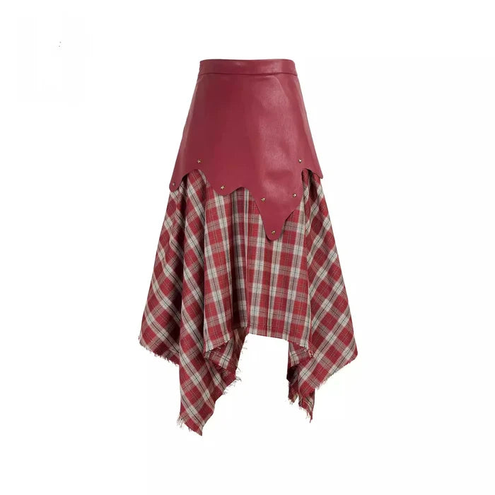 Faux Leather Plaid Handkerchief Midi Skirt - Rouge