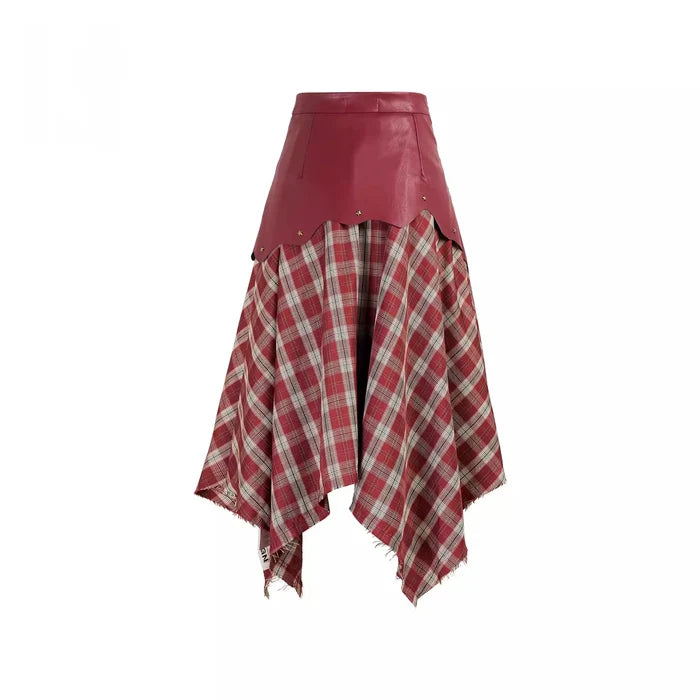 Faux Leather Plaid Handkerchief Midi Skirt - Rouge