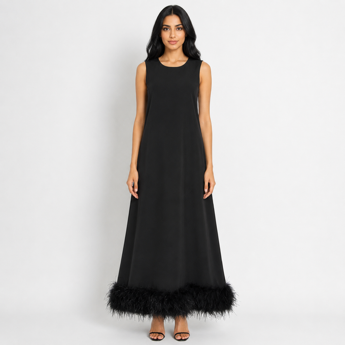 Feather Hem Shift Midi Dress - Ivory