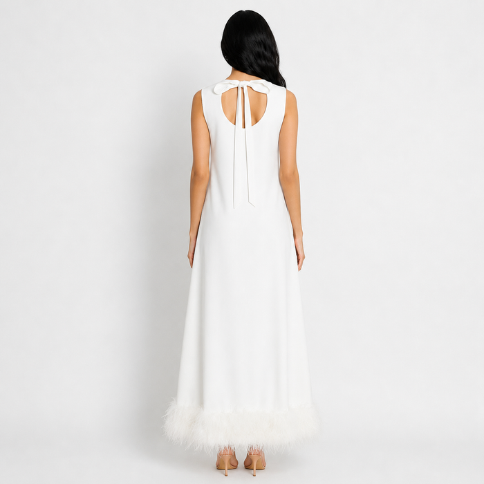 Feather Hem Shift Midi Dress - Ivory