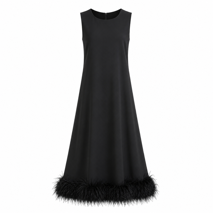 Feather Hem Shift Midi Dress - Ivory