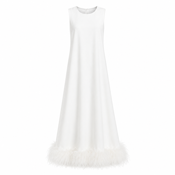 Feather Hem Shift Midi Dress - Ivory