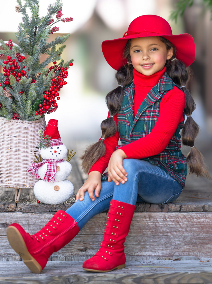Festive Flair Plaid Belted Vest and Red Turtleneck Top Set Mia Belle Girls