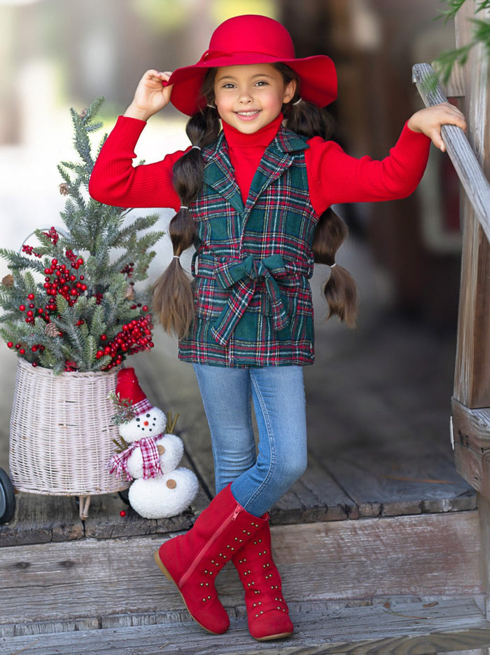 Festive Flair Plaid Belted Vest and Red Turtleneck Top Set Mia Belle Girls
