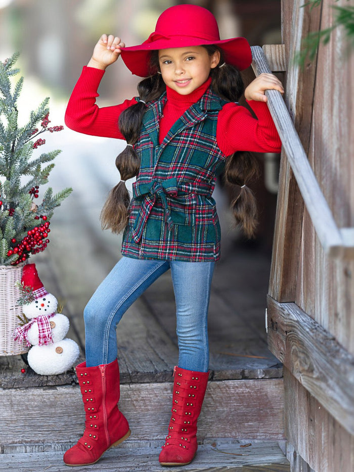 Festive Flair Plaid Belted Vest and Red Turtleneck Top Set Mia Belle Girls