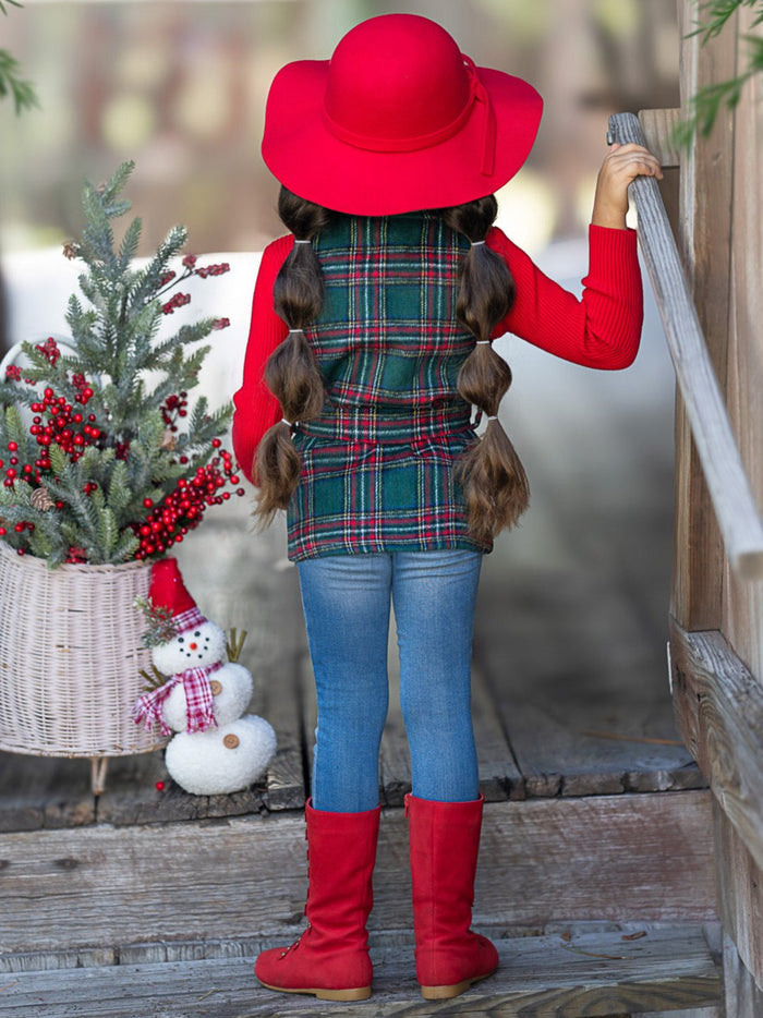 Festive Flair Plaid Belted Vest and Red Turtleneck Top Set Mia Belle Girls