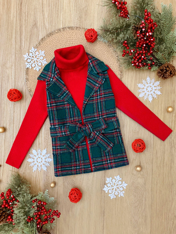 Festive Flair Plaid Belted Vest and Red Turtleneck Top Set Mia Belle Girls