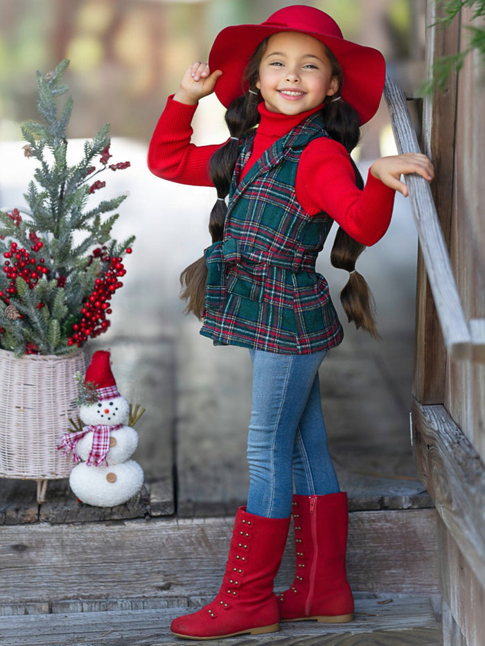 Festive Flair Plaid Belted Vest and Red Turtleneck Top Set Mia Belle Girls