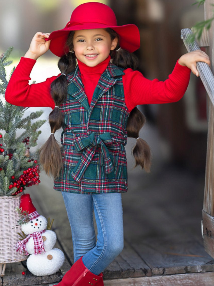 Festive Flair Plaid Belted Vest and Red Turtleneck Top Set Mia Belle Girls