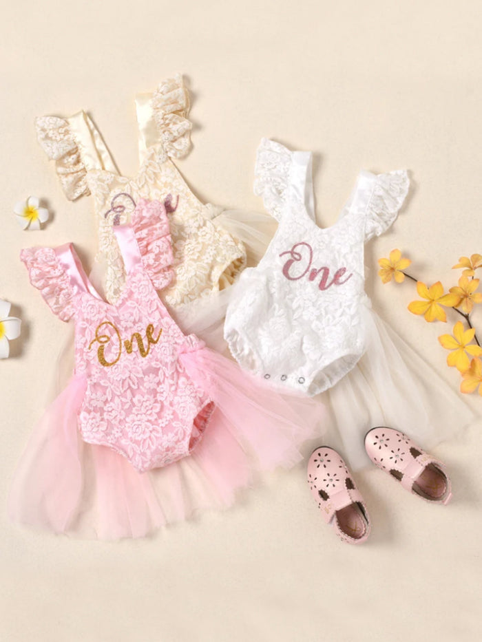 First Birthday Princess Ensemble: Lace Jumpsuit and Tutu Skirt Set Mia Belle Girls