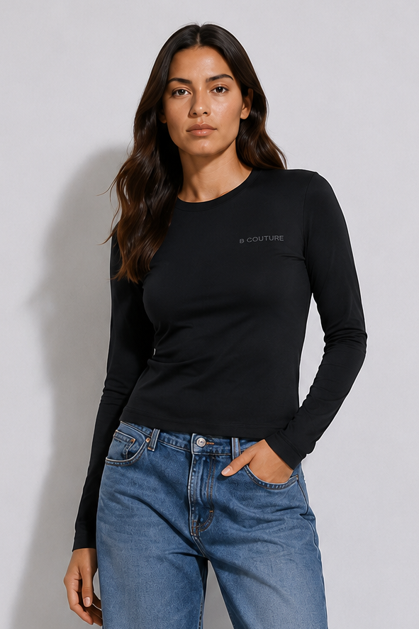 Fitted Long Sleeve Stretch Cotton T-Shirt - Black