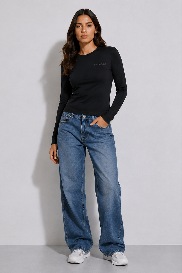 Fitted Long Sleeve Stretch Cotton T-Shirt - Black