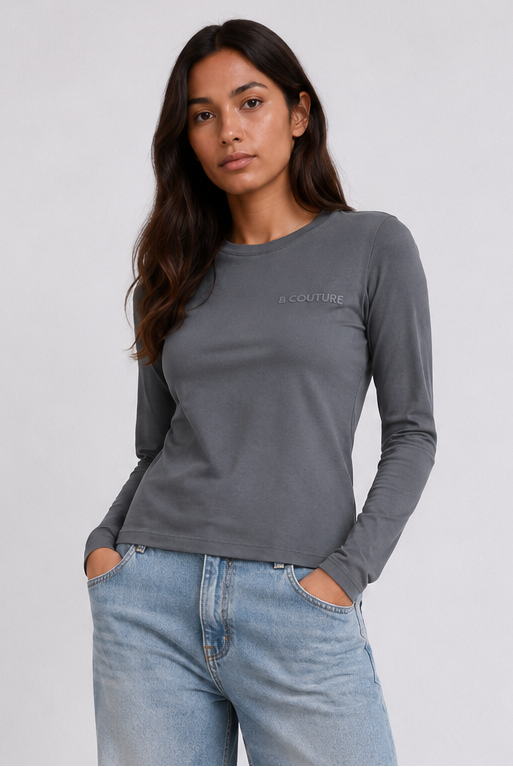 Fitted Long Sleeve Stretch Cotton T-Shirt - Grey